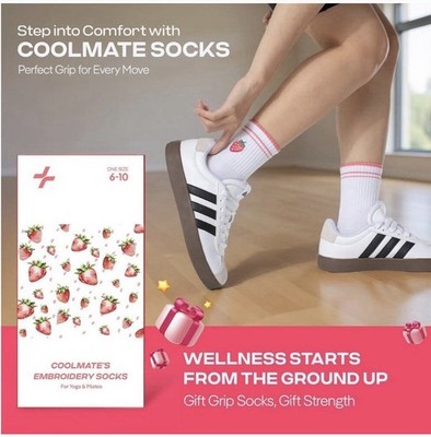 COOLMATE Women's Crew Grip Socks Striped White/Pink Yoga Pilates Mid Calf 6-10
