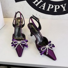 Women Rhinestone Ribbon Bow Pointed Toe High Heels Ankle Strap Pumps Stilettos