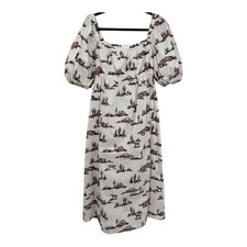 Mango Western Cactus Horse Print Midi Dress Cotton Lace-Up Back 6M South Western