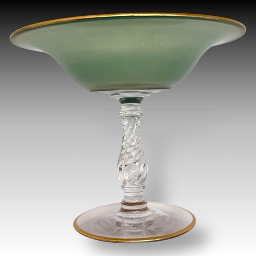 Bohemian grün Kunst Glas Kompott mit vergoldetem Rand, gedrehter Stiel, MCM Standfuß 7,25" - Bild 5 von 7