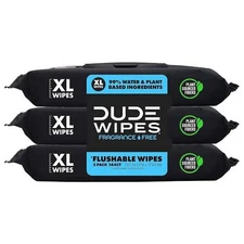 DUDE Wipes - Flushable -3 Pack. 48 wipes ea. pack total of 144 Unscented XL.
