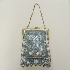1920s Art Deco Blue Gold White Enamel Mesh Bag Antique Mandalian Flapper Purse