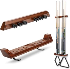 GoSports Wall Mounted Pool Cue Stick Holder - Holds 6 Cues and Brown Stained 