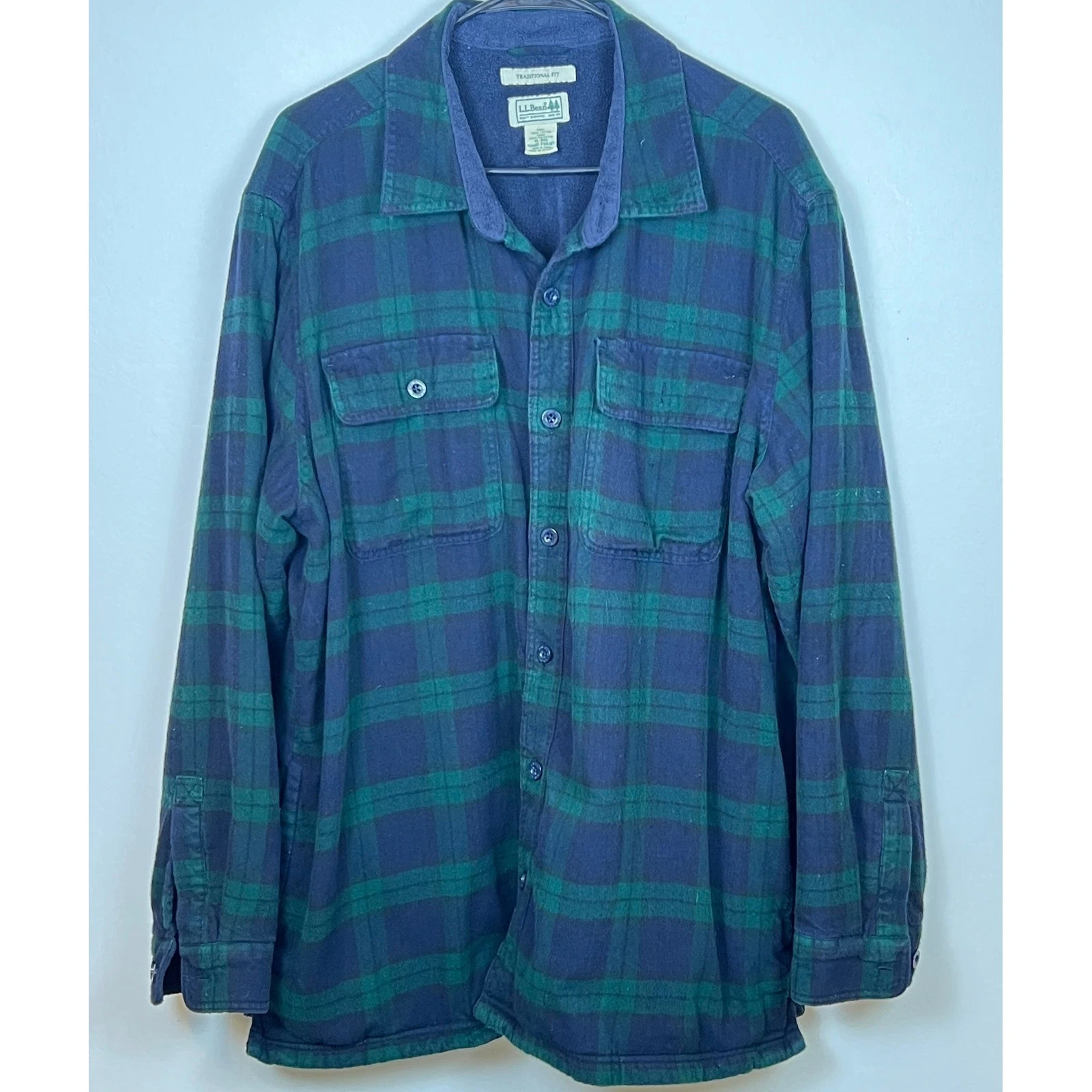 LL Bean Flannel Shirt Jacket Mens XL Green Blue Plaid Fleece Lined Excellent image 6