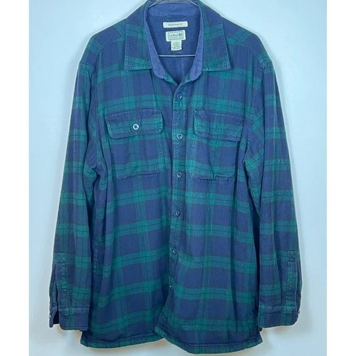 LL Bean Flannel Shirt Jacket Mens XL Green Blue Plaid Fleece Lined Excellent image 6