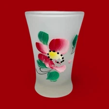 Frosted Glass Flower Floral Hand Painted Gay Fad Juice Glass 3.5" Tumbler Vtg.