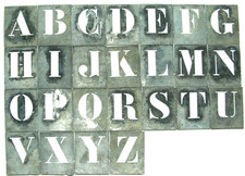 POCHOIRS de LETTRES anciens - en tôle de zinc 10 x 8 cm -  Alphabet 6 cm hauteur