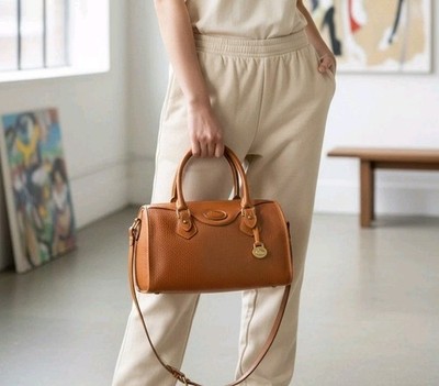Vintage Dooney & Bourke British Tan Pebbled Leather Satchel Brass Duck Fob Bag