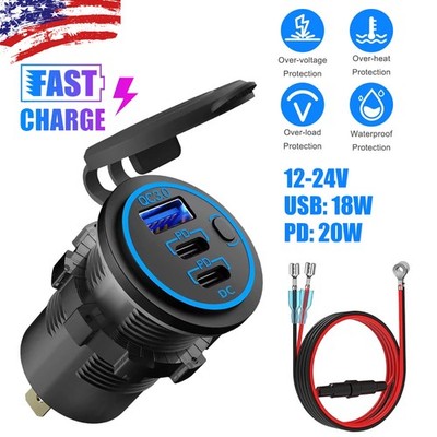 12-24V 3 Port Fast Car Charger PD & QC3.0 USB-C Outlet Socket for RV Marine Boat