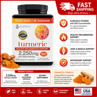 youtheory Turmeric Healthy Inflammation Support 2250 mg, 210 Vegetarian Capsules