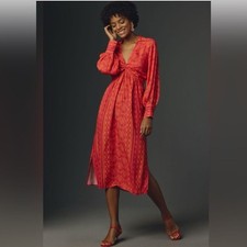 Farm Rio Long-Sleeve V-Neck Midi Dress Size M