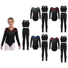 Girls Set Rhinestone Gymnastics Figure Skating Outfits Themed Party Long Sleeve