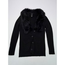 Ann Taylor Black Faux Fur Collar Button Front Cardigan Sweater Petite XSP