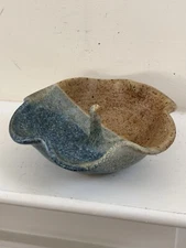 Handmade Glazed Pottery Blue & Brown Apple Baker Artist Stamped Baking Bowl