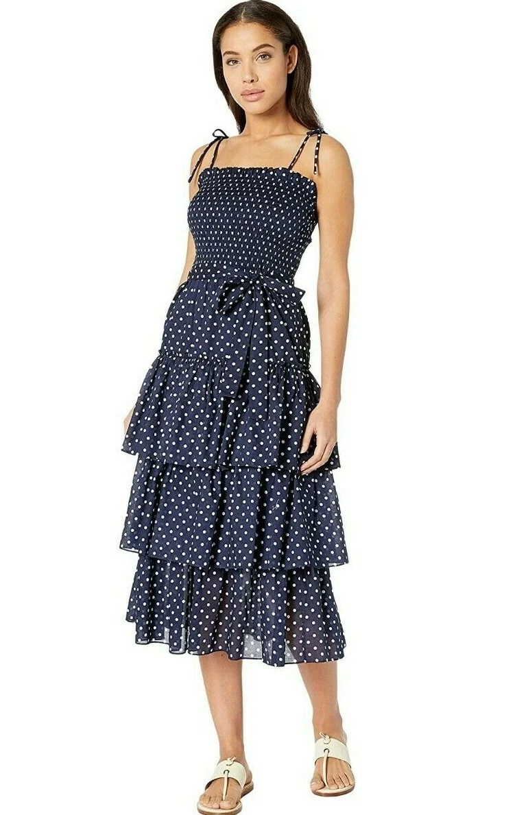$358 NEW Tory Burch PRINTED RUFFLE DRESS Polka Dot Smocked Midi Navy White XS L