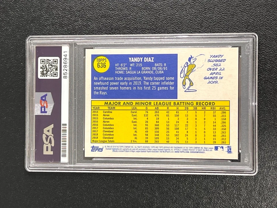 2019 Topps Heritage #636 Yandy Diaz Signed Card AUTO PSA/DNA Slabbed Rays - Image 2 of 2
