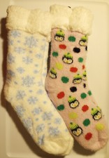 New w/o tags 2 pair Non-Slip Plush Slipper-Socks Faux Fur tops Size 5-9