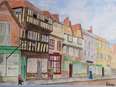 Original Naive Kunst Aquarell Gemälde Gloucester Westgate undeutlich signiert