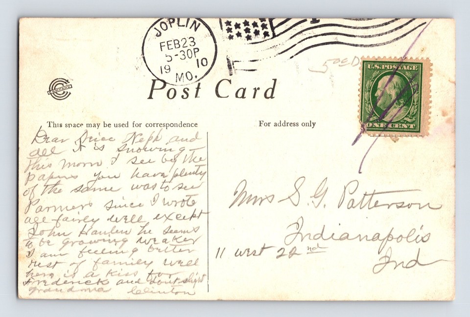 Postcard Missouri Joplin MO Residence Street 1910 Posted Divided Back