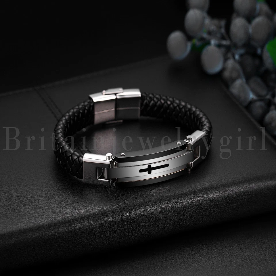 Pulsera Brazalete Religioso Cruz Cuero Trenzado Acero Inoxidable para Hombre Foto 4 de 4