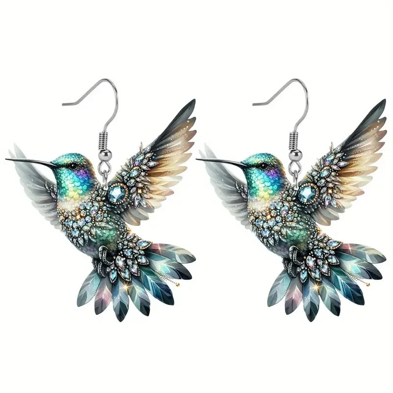 Glamorosos Pendientes Colibrí Acrílico Colorido Diseño 2D Mujer Moda Regalo Foto 4 de 4