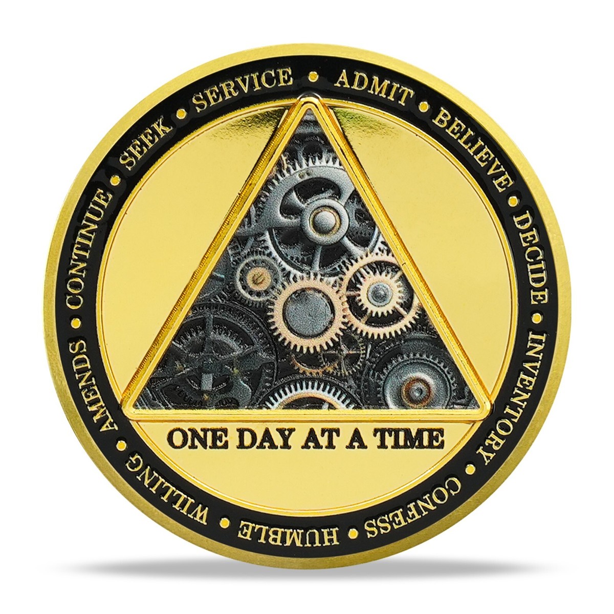 One Day at a Time Sobriety Coin Gears Clock 12 Steps AA Medallion