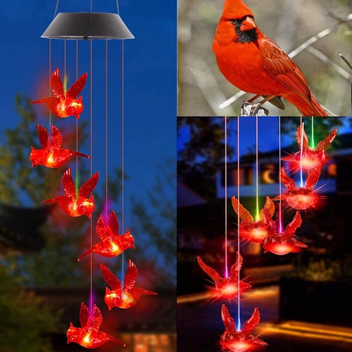Solar Wind Chimes Lights LED Cardinal Red Bird Hanging Lamp Garden Home