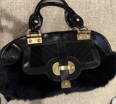 Rafé New York Black Haircalf & Patent Leather Satchel   Brass Chain Detail