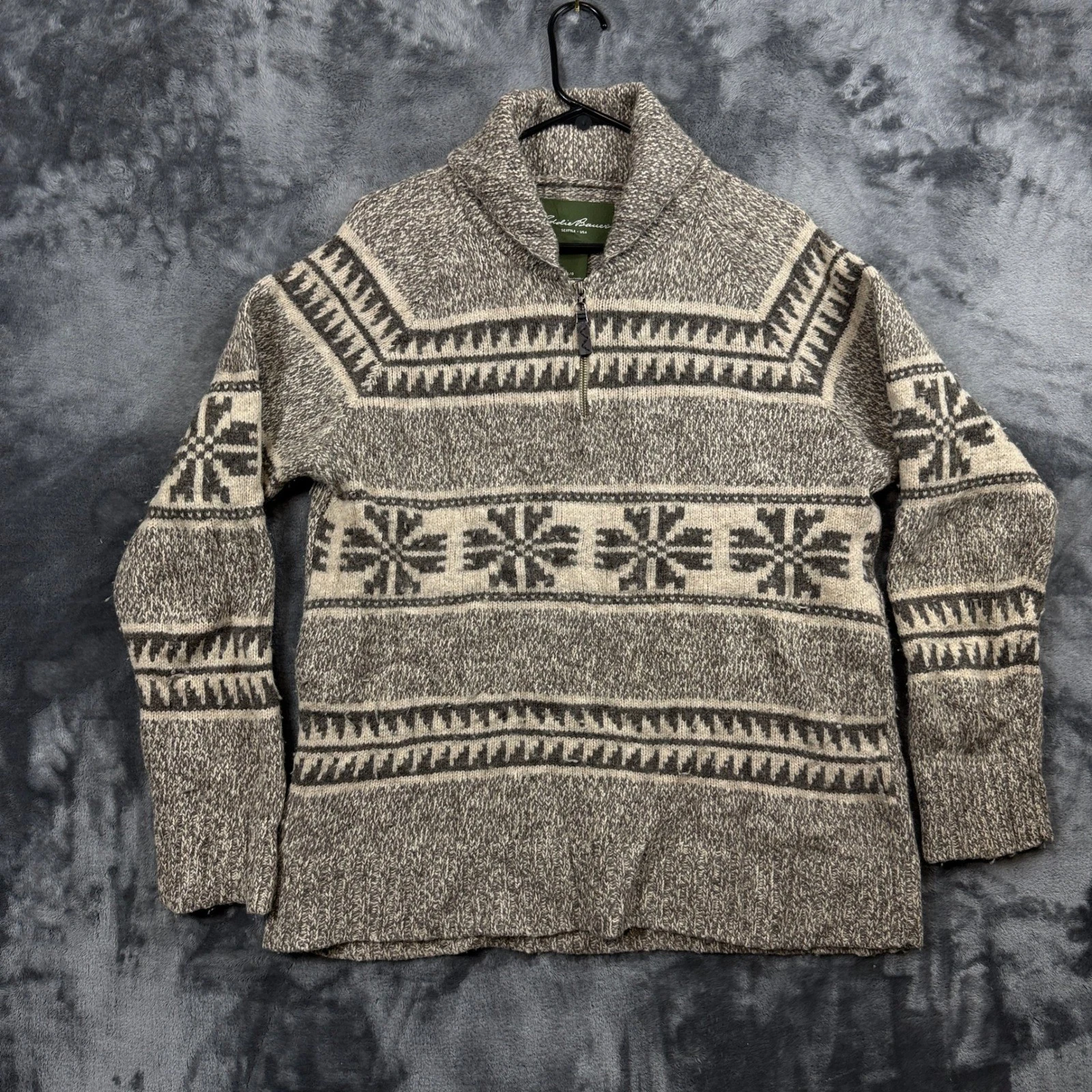 Eddie Bauer Sweater Mens Large Grey Nordic Fair Isle Lambswool Quarter Zip