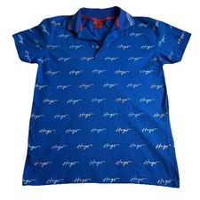 Hugo Boss Men  s Blue Polo Shirt M Logo Script Spellout Preppy Golf Active