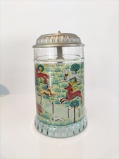 Alter Glas Bierkrug mit Zinn Deckel 0,4l Jagd Motiv Jagdkrug 