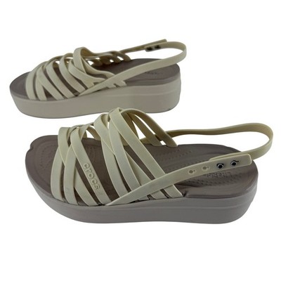Crocs LiteRide Stretch Sandal Womens 7 Beige Tan Platform Wedge Slingback 206081