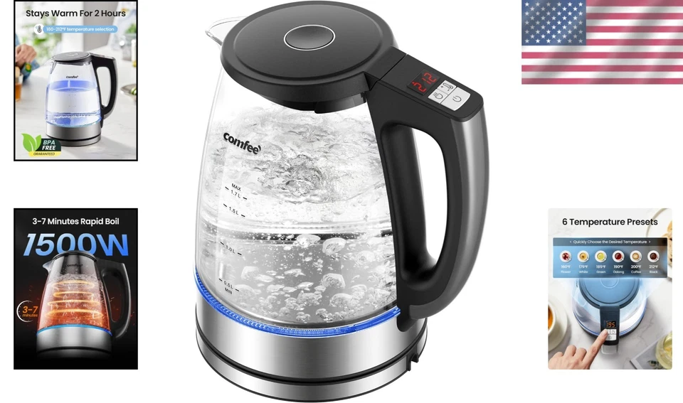 Hervidor de agua de vidrio de acero inoxidable 304 - Calefacción rápida con diseño de mantenimiento caliente y seguridad Foto 2 de 4