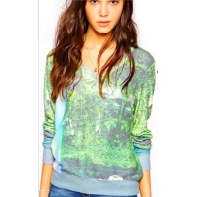 Wildfox Green | Forest Waterfall Landscape Print V-Neck Long Sleeve Top | Size M