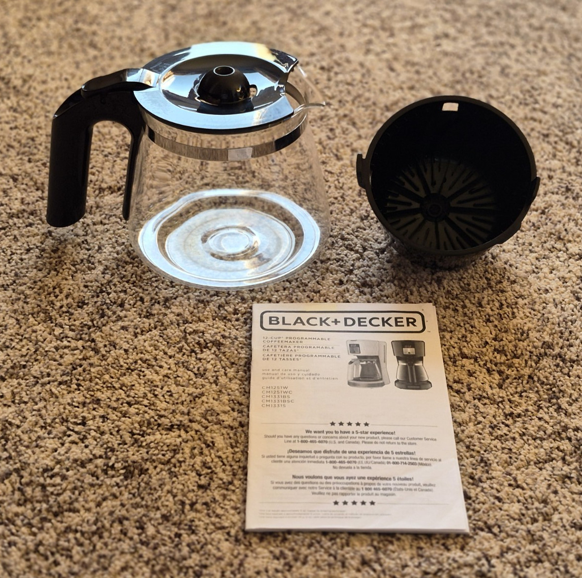 BLACK + DECKER 12 CUP GLASS CARAFE, BREW BASKET & MANUAL - REPLACEMENT PARTS