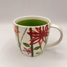 Starbucks Coffee Mug 2007 Green Bamboo Stripes Pink/Orange flowers 12 fl oz