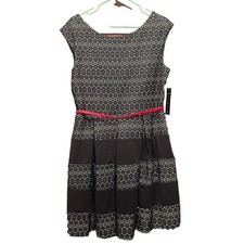 Tiana B Womens Fit N Flare Dress Black White Geometric Lace Red Belt 14 85514I