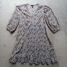 New Look Womens Black White Floral Mini V Neck Smock Dress Boho Casual Size 14