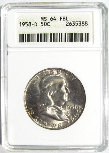 1958-D FRANKLIN Silver Half Dollar ANACS MS 64 FBL