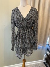 Max Studio Black Multicolor Floral Long Sleeve V-Neck Ruffle A-Line Dress M