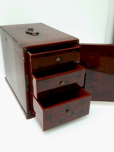 Antique Chinese Japanese Red Lacquer Jewelry Lock Box - Picture 7 of 9
