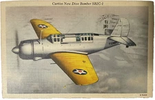 1942 WWII era Curtiss New Dive Bomber SB2C-1 Postcard Linen Navy Plane Stamp