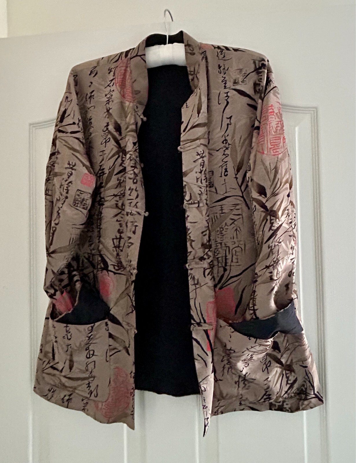 Jacket silk reversible mandarin collar pockets Sz… - image 1
