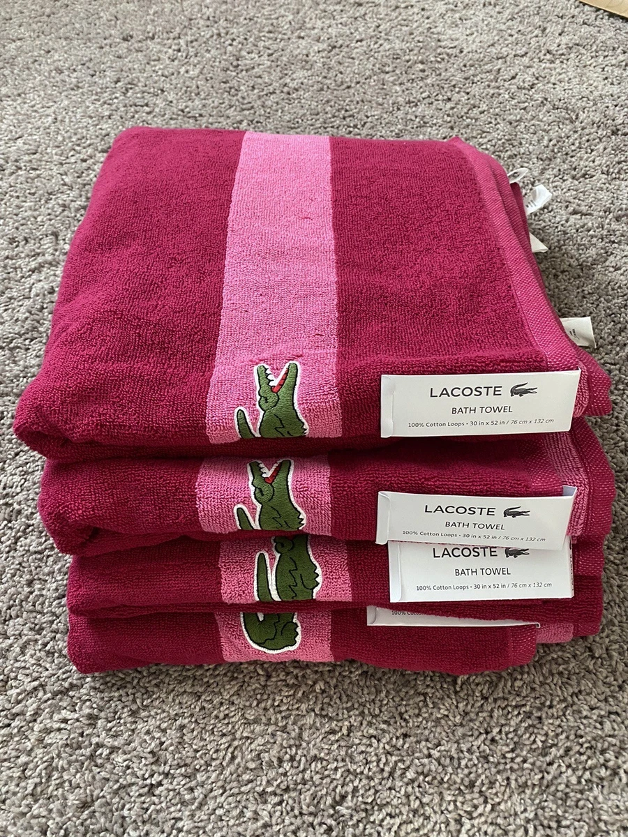 Lacoste 4 pc set 100% cotton 30” x 52” bath towels Pink Alligator Two Tone