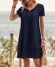 Floral Blooming - Navy Pin Tuck Short-Sleeve Shift Dress - size S - new