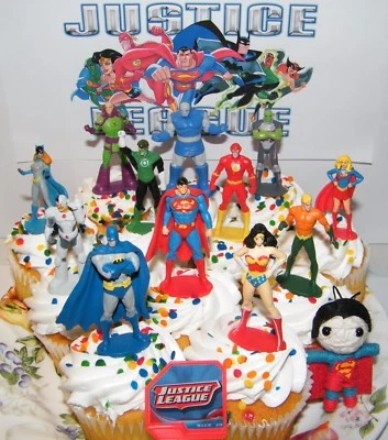 SUPER HERO Justice League Cake Toppers Set of 14 with 12 Figures, DC Doll, Hero Ring Fun!