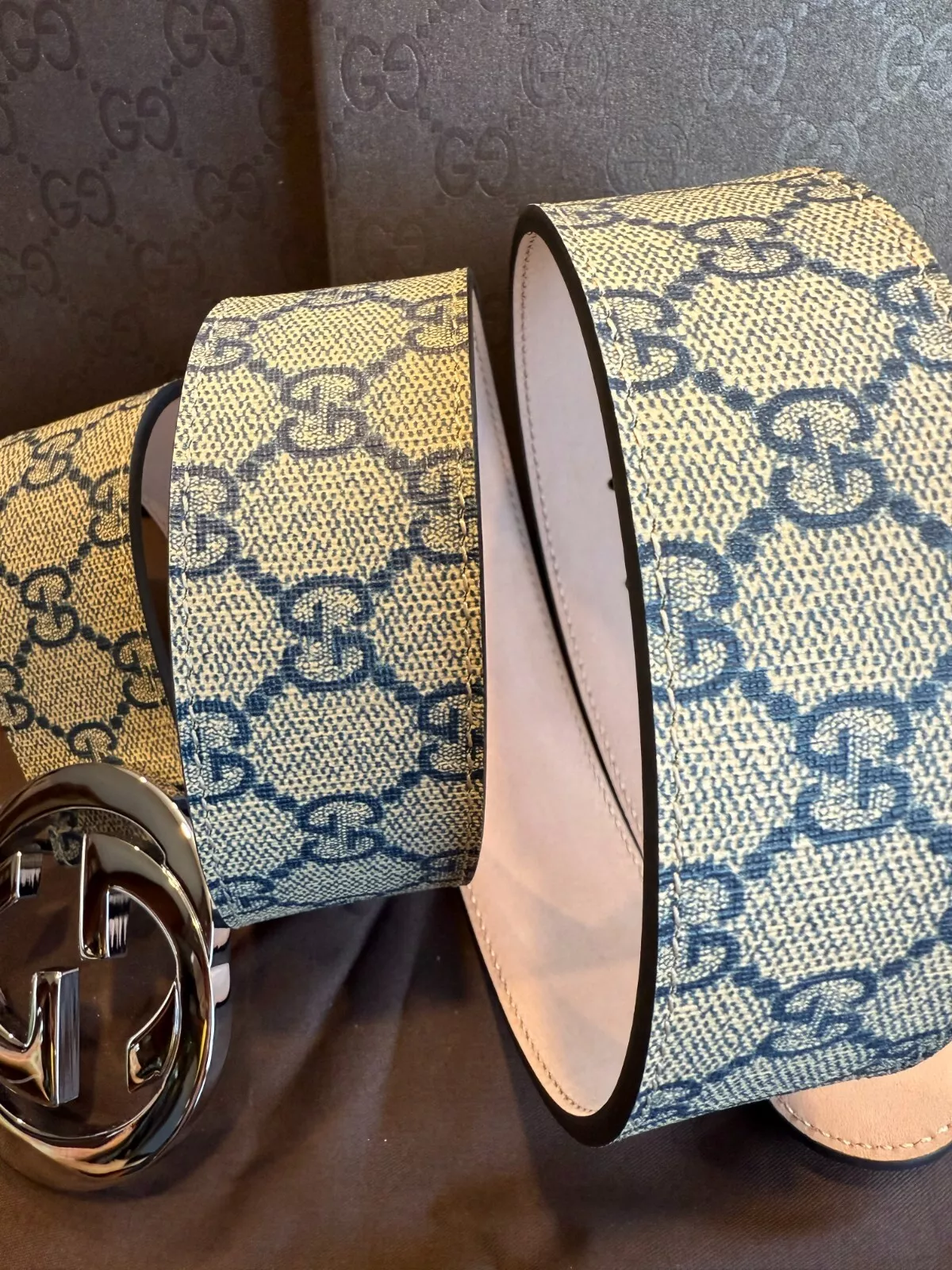 Gucci GG Supreme Ceinture Toile Cuir Beige Bleu Taille 90 cm, Taille 30 32