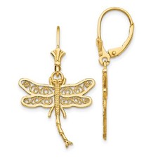 14k Yellow Gold Dragonfly Filigree Wings Leverback Earrings