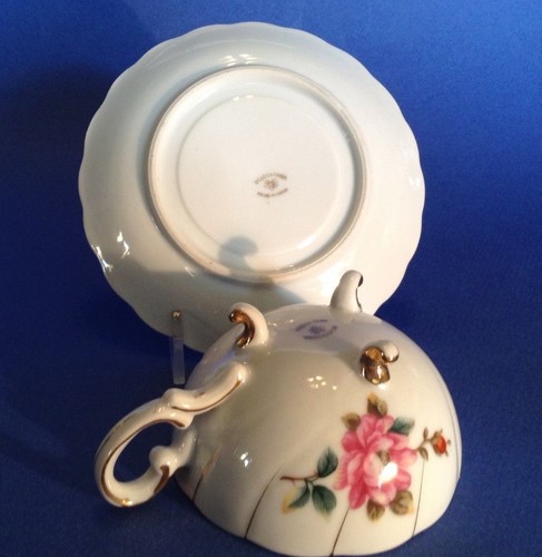 Ucagco Footed Teacup And Saucer - Pink Mums And Gold Accents - Vintage - Japan - Picture 10 of 11