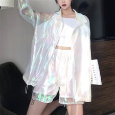 Women Laser Jacket Harajuku Shiny Holographic Loose Coat Transparent Tops Casual